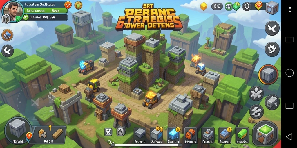 Tampilan gameplay 5RT dengan menara pertahanan yang mengesankan.