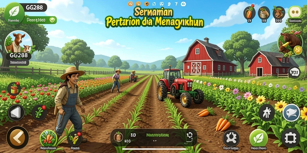 Screenshot utama GG288 menunjukkan pengalaman seru bertani dengan aktivitas perkebunan.