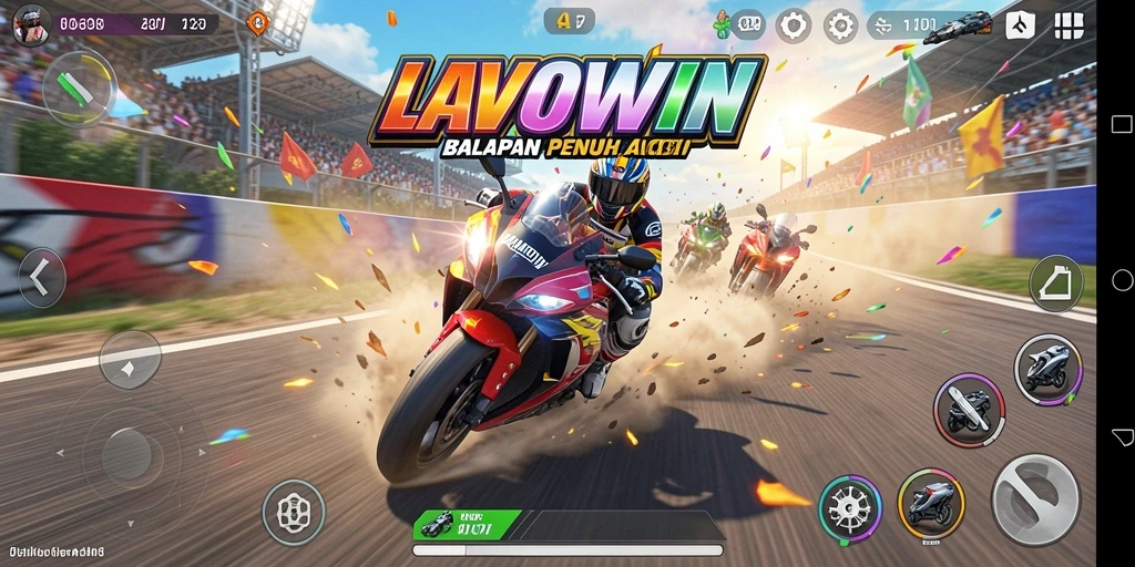 Tangkapan layar gameplay LAVOWIN menampilkan aksi balapan motor yang mendebarkan.