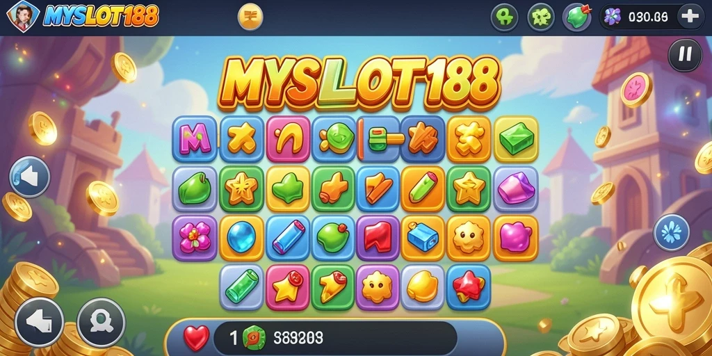 Tangkapan layar MYSLOT188 menampilkan gameplay Match-3 yang seru dan penuh warna.